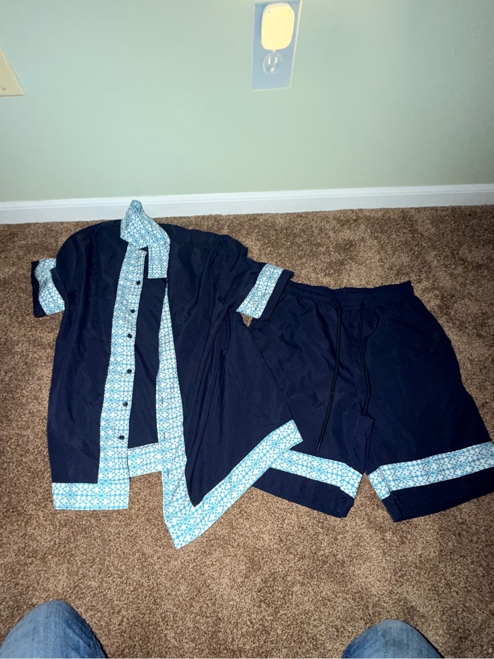 Men's Navy Blue Short beach Set with Light Blue Trim shirt and trunks